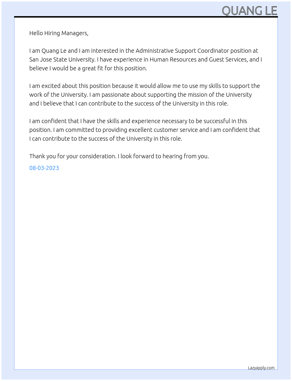 Administrative Support Coordinator At San Jose State University Cover Letter