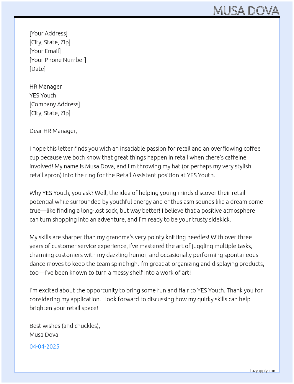Retail Assistant  At YES Youth Cover Letter