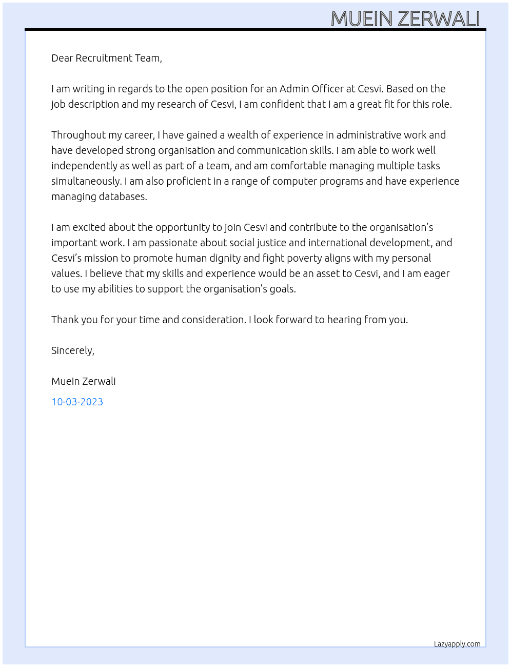 Admin officer  At Cesvi Cover Letter
