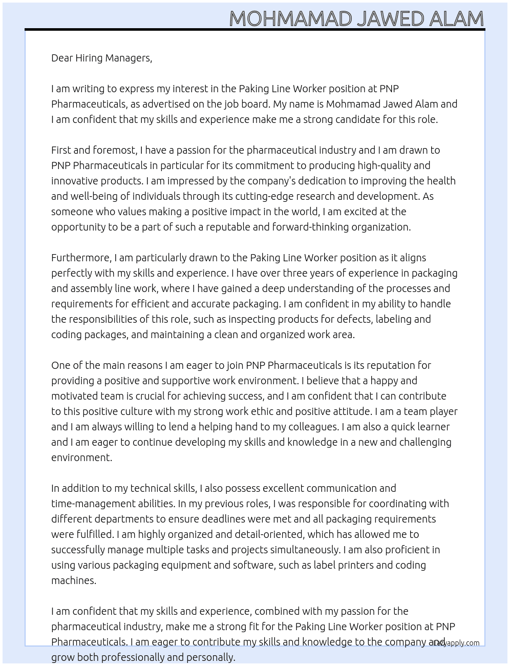 Paking line worker At PNP pharmaceuticals in job Board Cover Letter