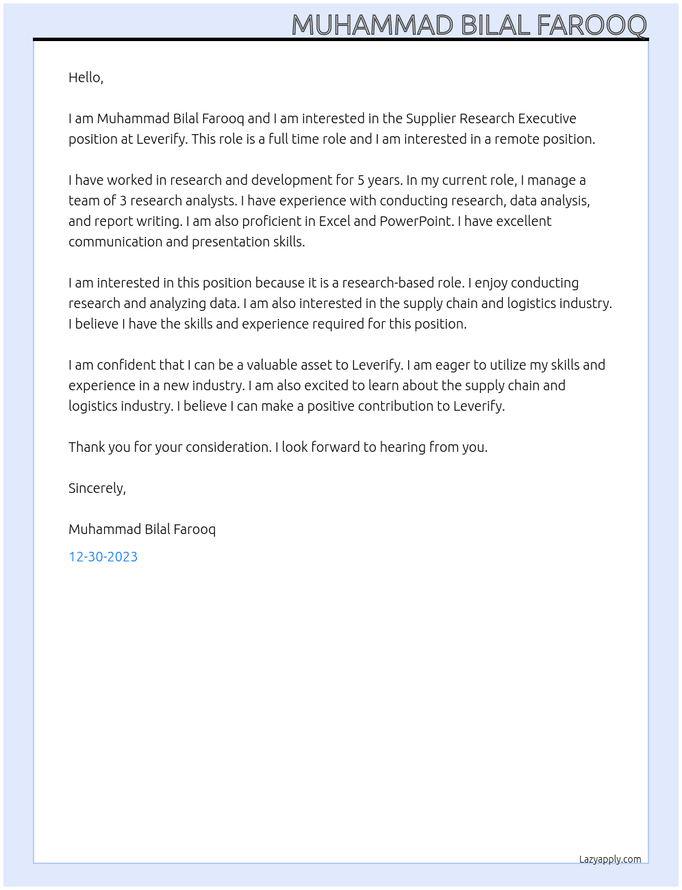Supplier Research Executive At Leverify Cover Letter