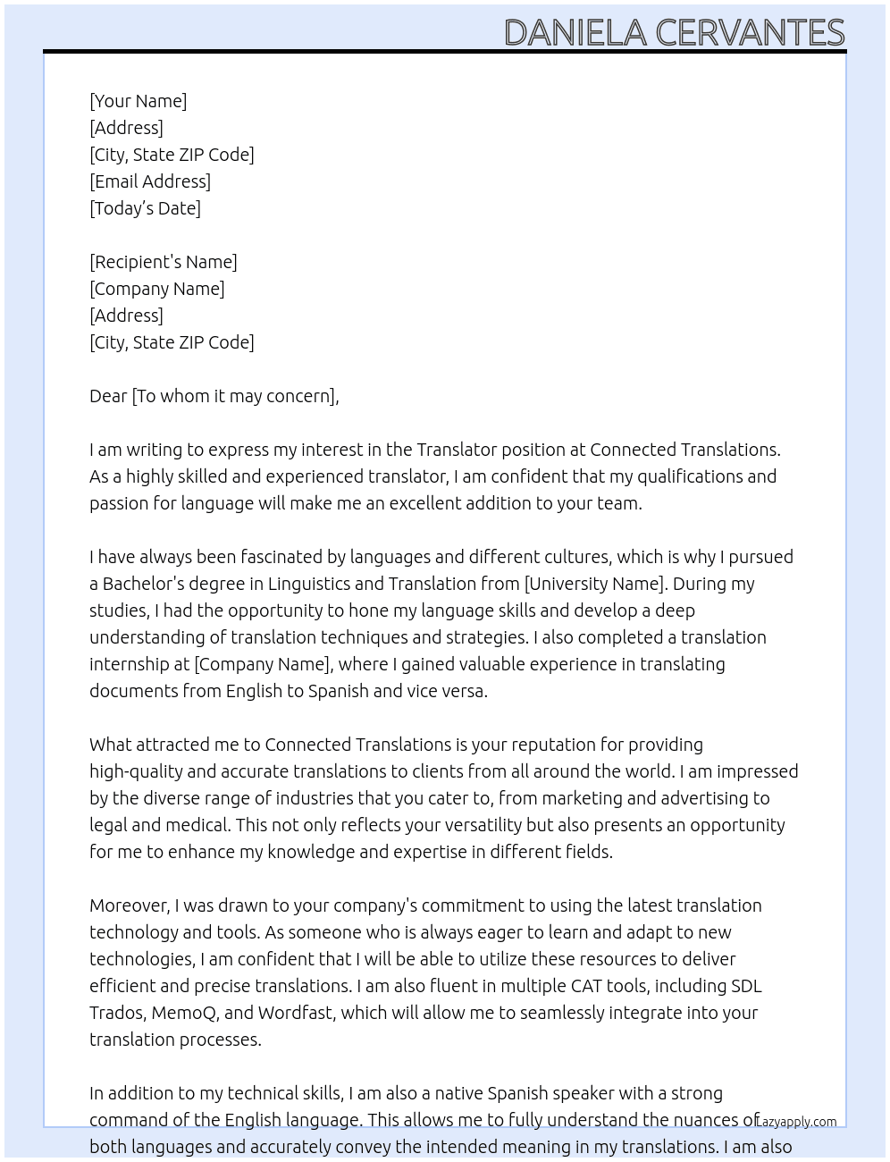 Translator At Connected Translations Cover Letter