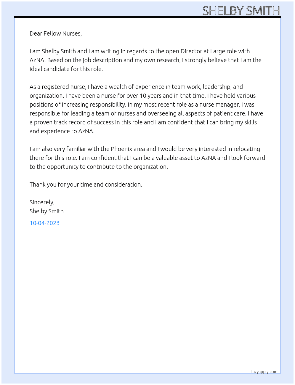 registered nurse At AzNA  Cover Letter