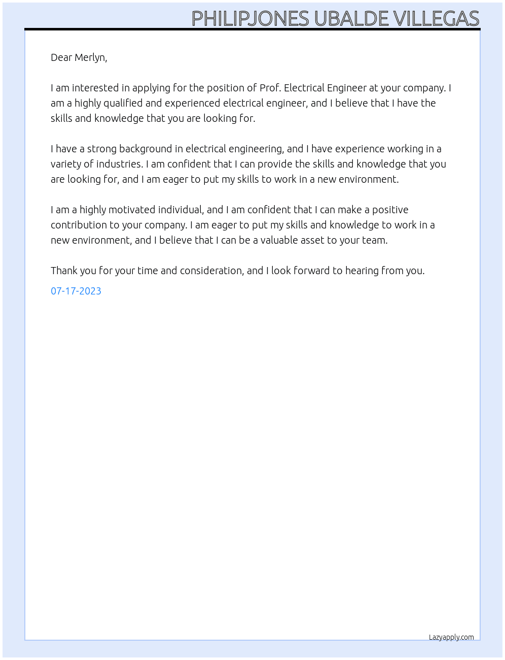 PROF. ELECTRICAL ENGINEER At new zealand Cover Letter