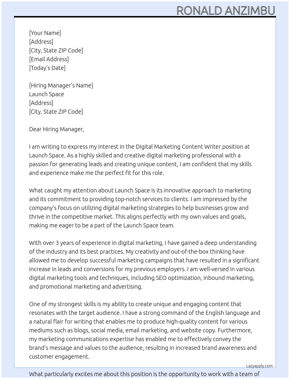 Digital Marketing Content Writer At Launch Space  Cover Letter