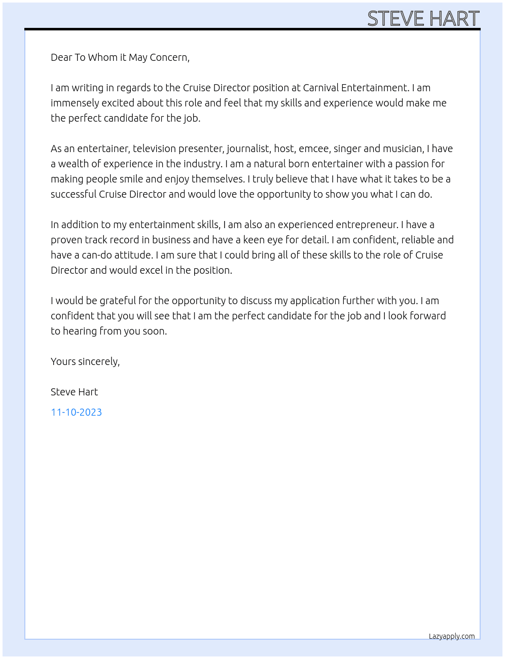 Cruise Director At Carnival Entertainment Cover Letter