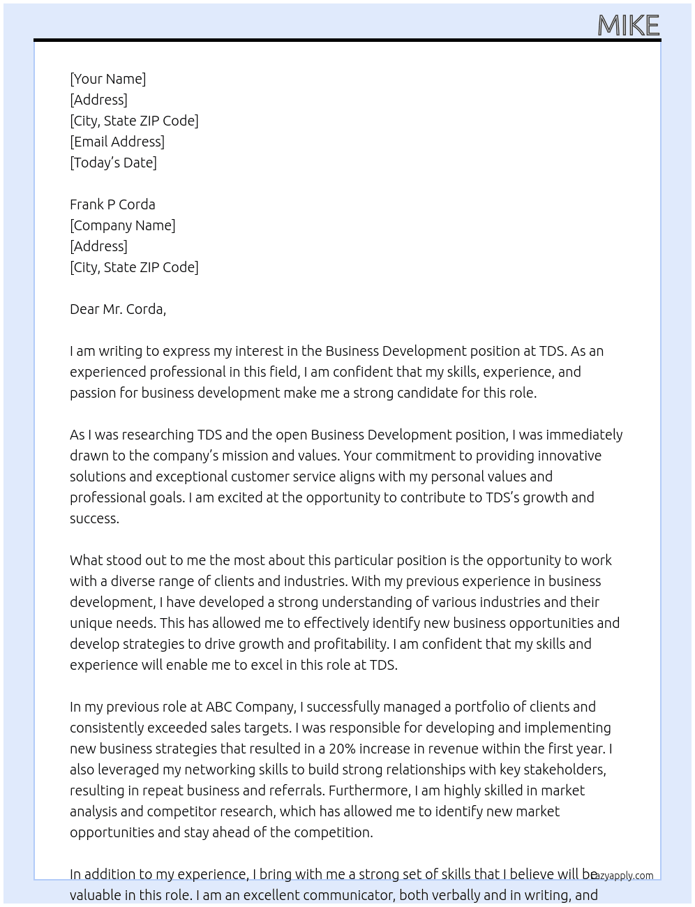 Business Develoipment At TDS Cover Letter