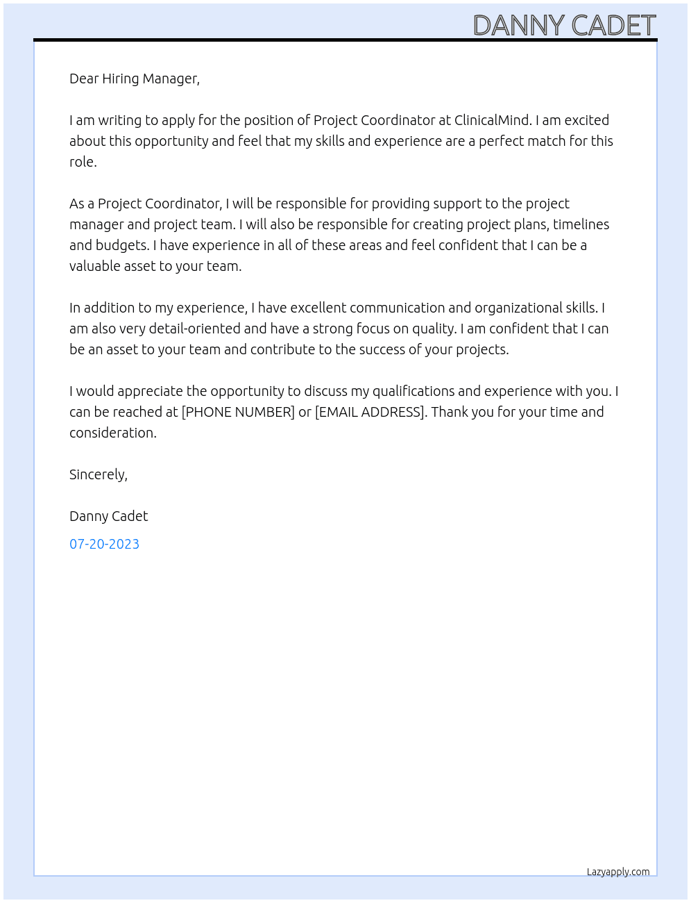 Project Coordinator At ClinicalMind Cover Letter