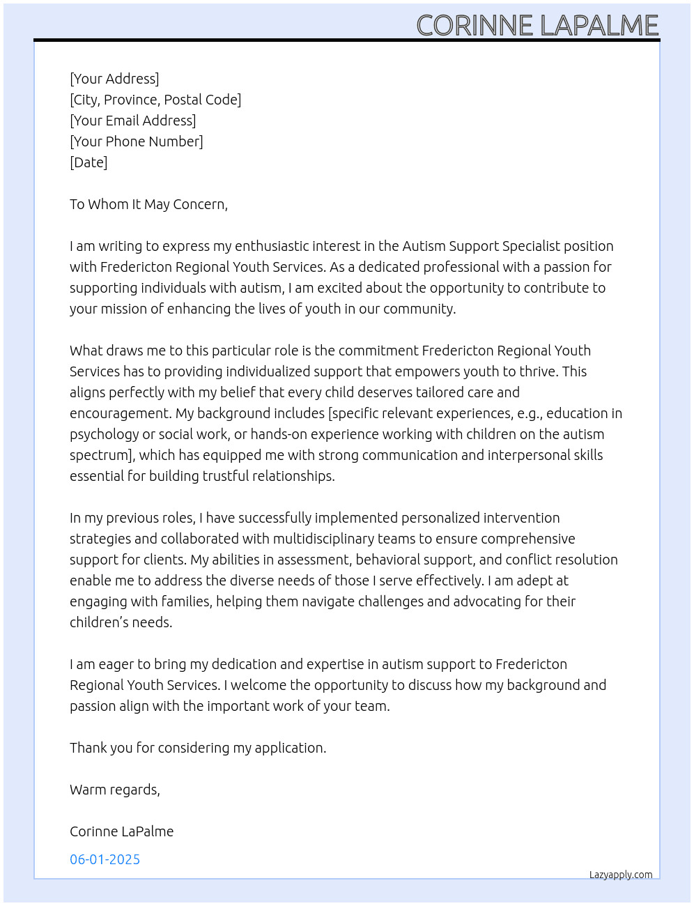 Autism Support Specialist  At Fredericton Regional Youth Services Cover Letter