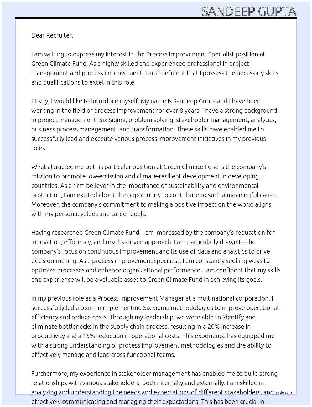 Process Improvement Specialist At Green Climate Fund Cover Letter