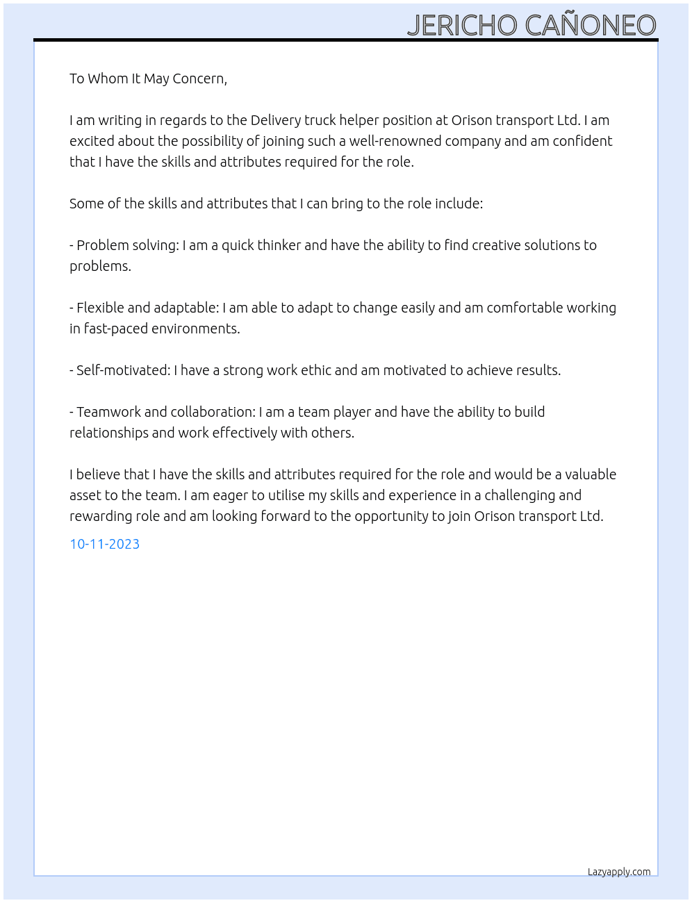 Delivery truck helper  At Orison transport Ltd Cover Letter
