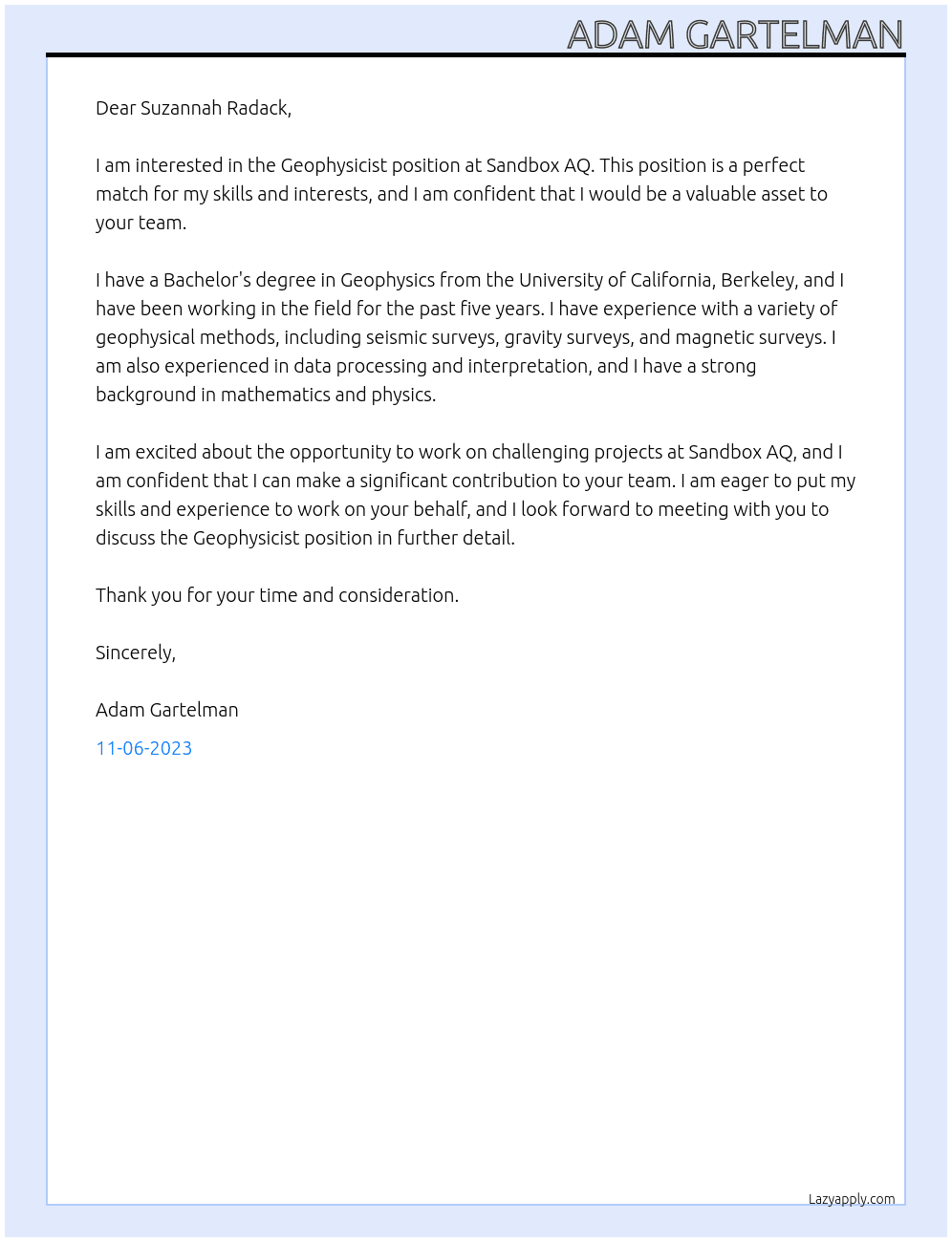 Geophysicist At Sandbox AQ Cover Letter
