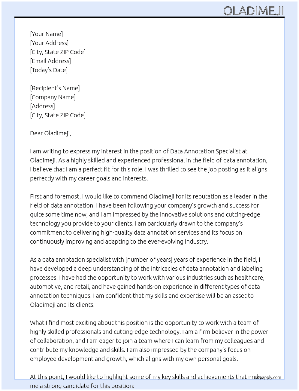 DATA ANNOTATION SPECIALIST At Oladimeji Cover Letter
