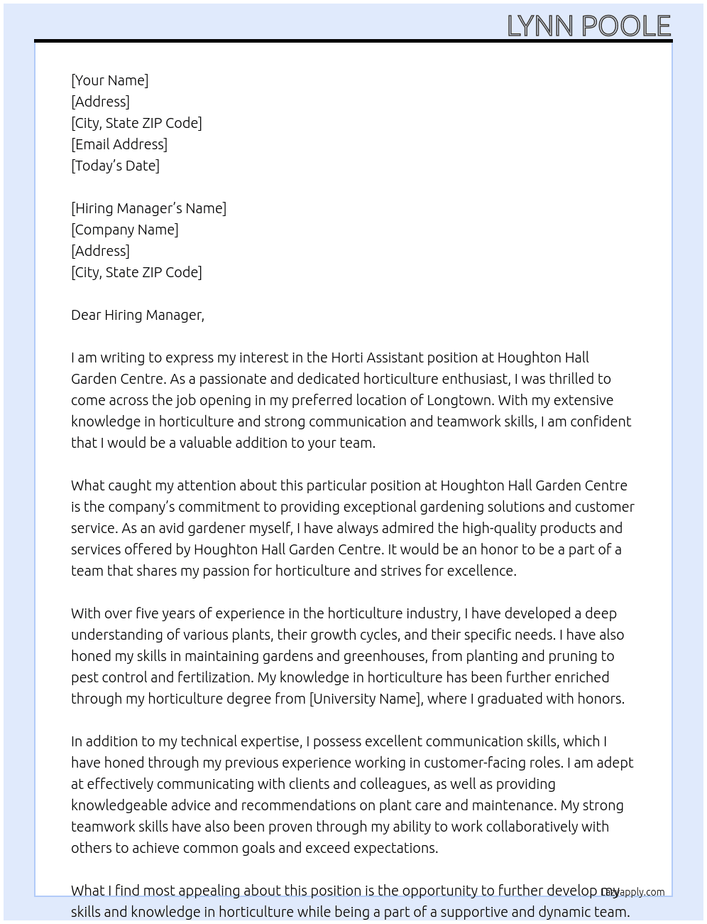 Cover letter for horti assistant - LazyApply