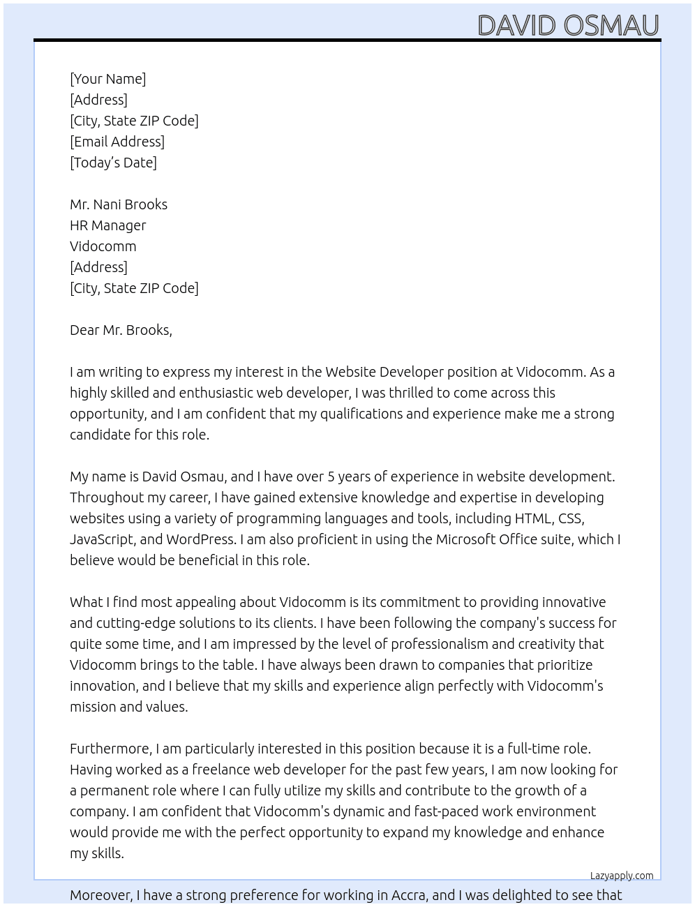 website developer At vidocomm Cover Letter