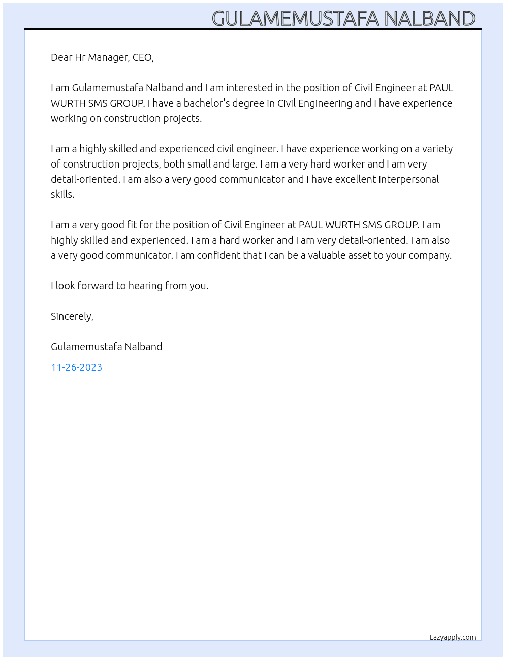 Civil Engineer  At PAUL WURTH SMS GROUP  Cover Letter