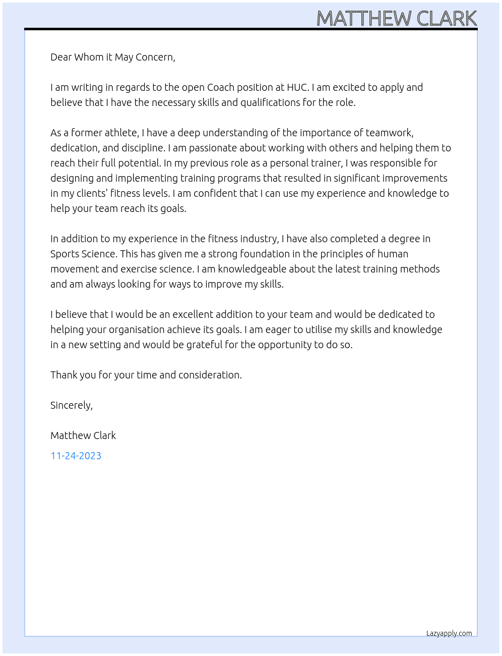 Coach At HUC Cover Letter