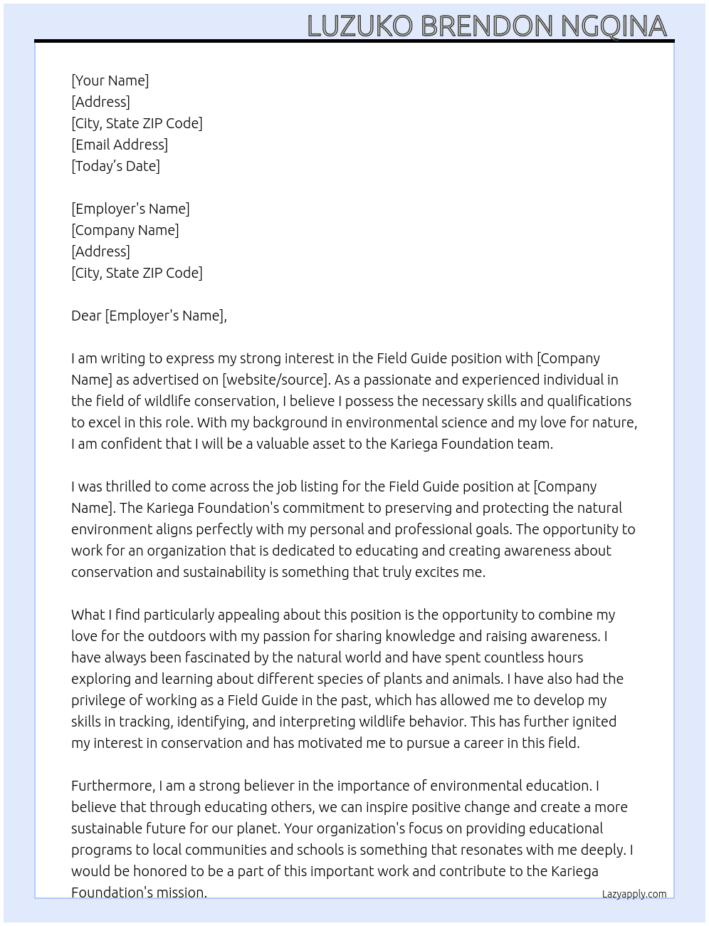 Field Guide  At Learnership  Cover Letter