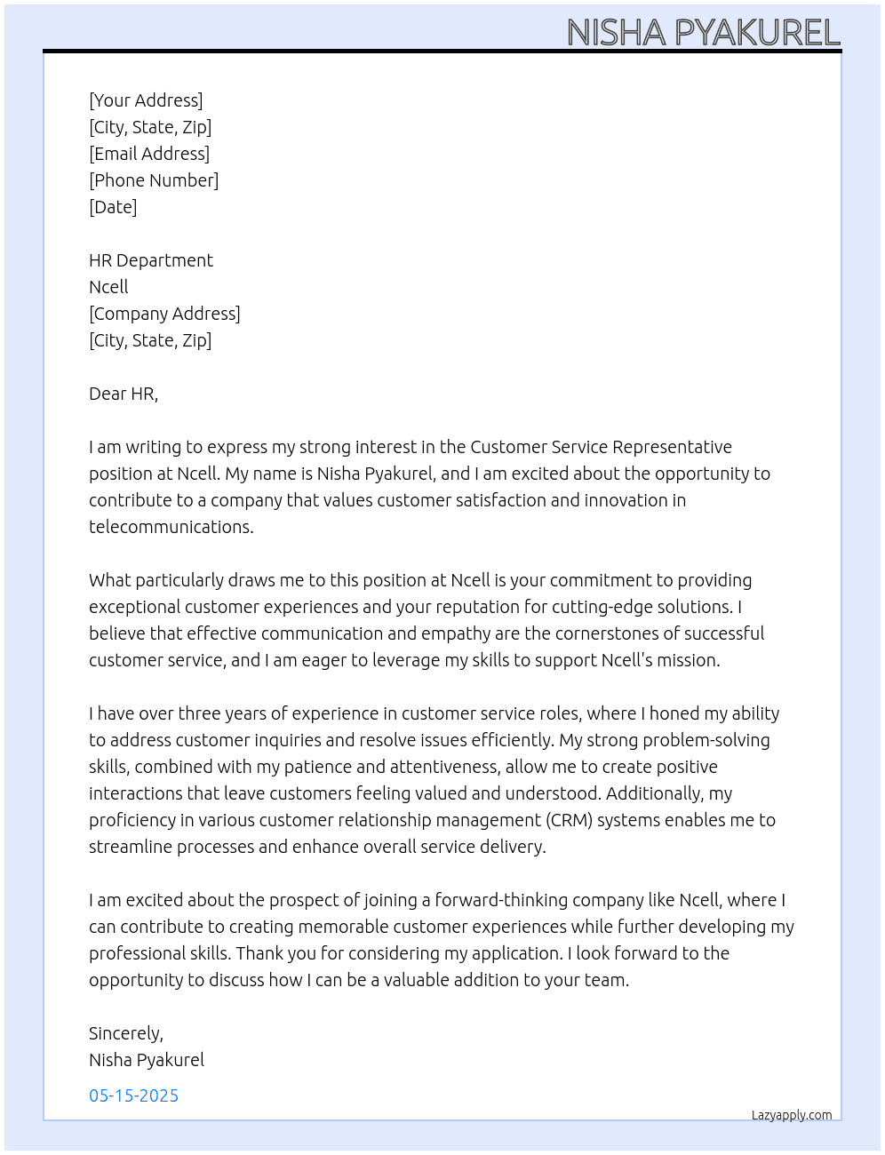 Cover letter for customer service nirepresentative - LazyApply