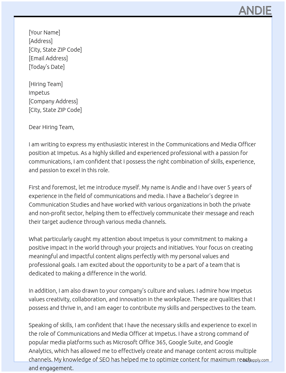 Communications and Media Officer At Impetus Cover Letter