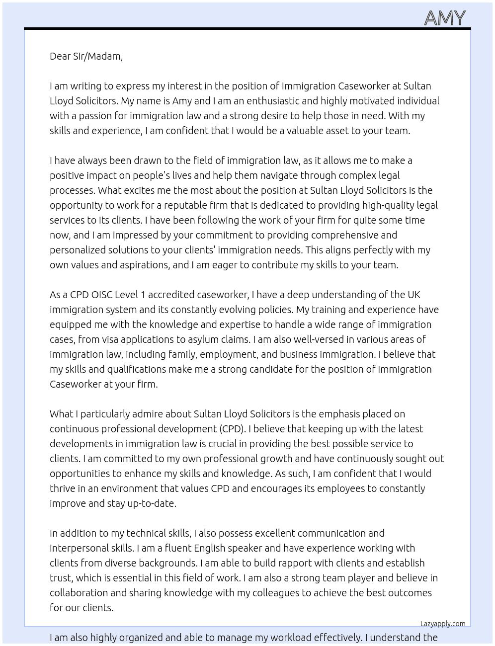 Immigration Caseworker At Sultan Lloyd Solicitors Cover Letter