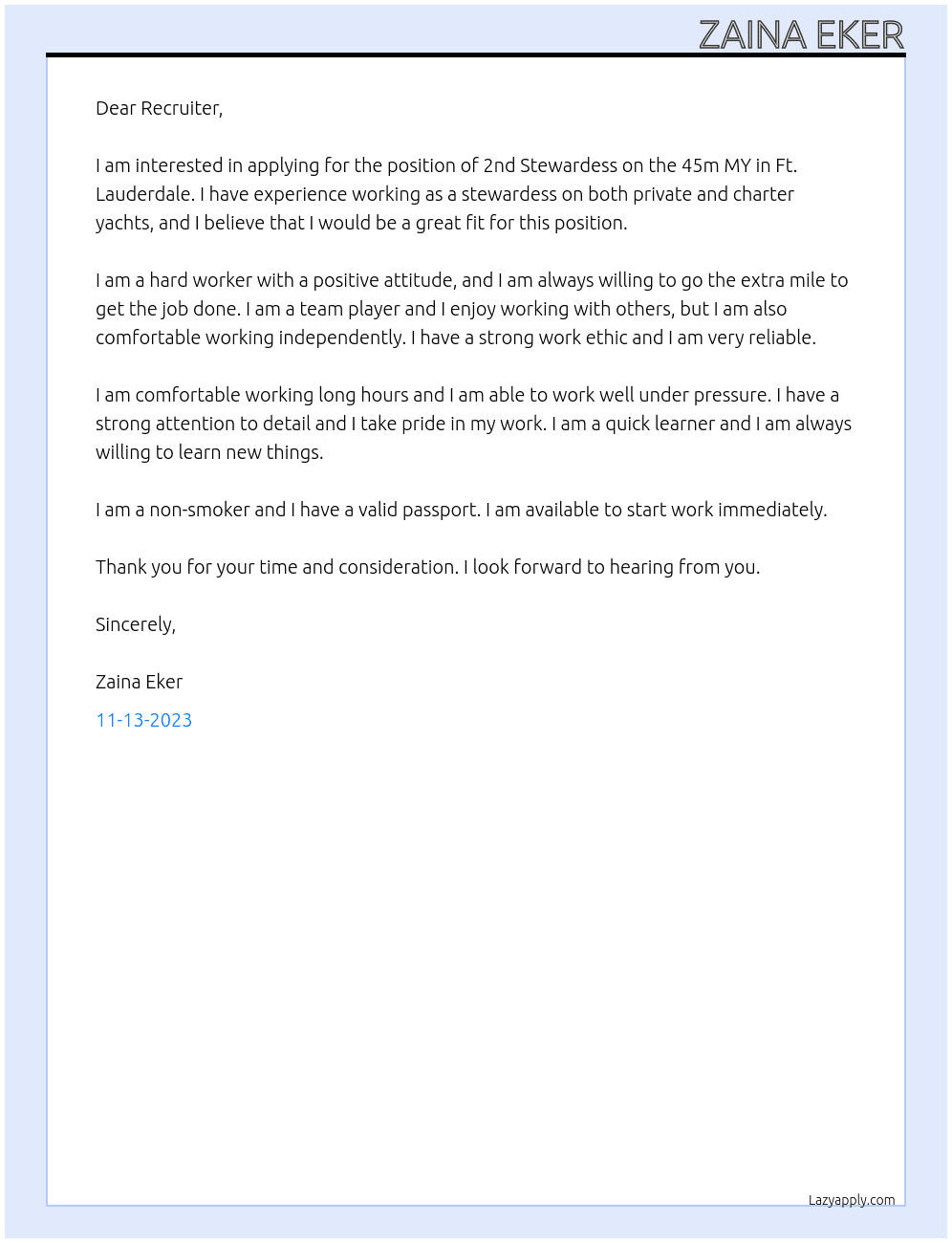 2nd stewardess At  45m MY, Ft. Lauderdale Cover Letter