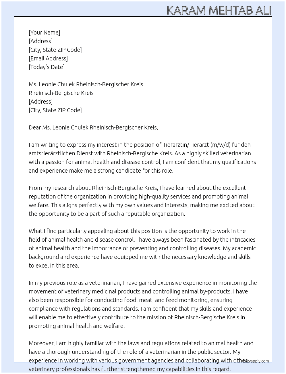 Tierärztin / Tierarzt (m/w/d) für den amtstierärztlichen Dienst At Rheinisch-Bergische Kreis Cover Letter