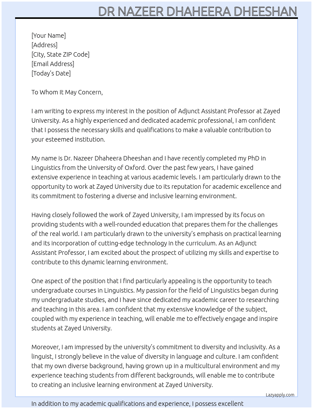 Adjunct Assistant Professor  At Zayed University Cover Letter