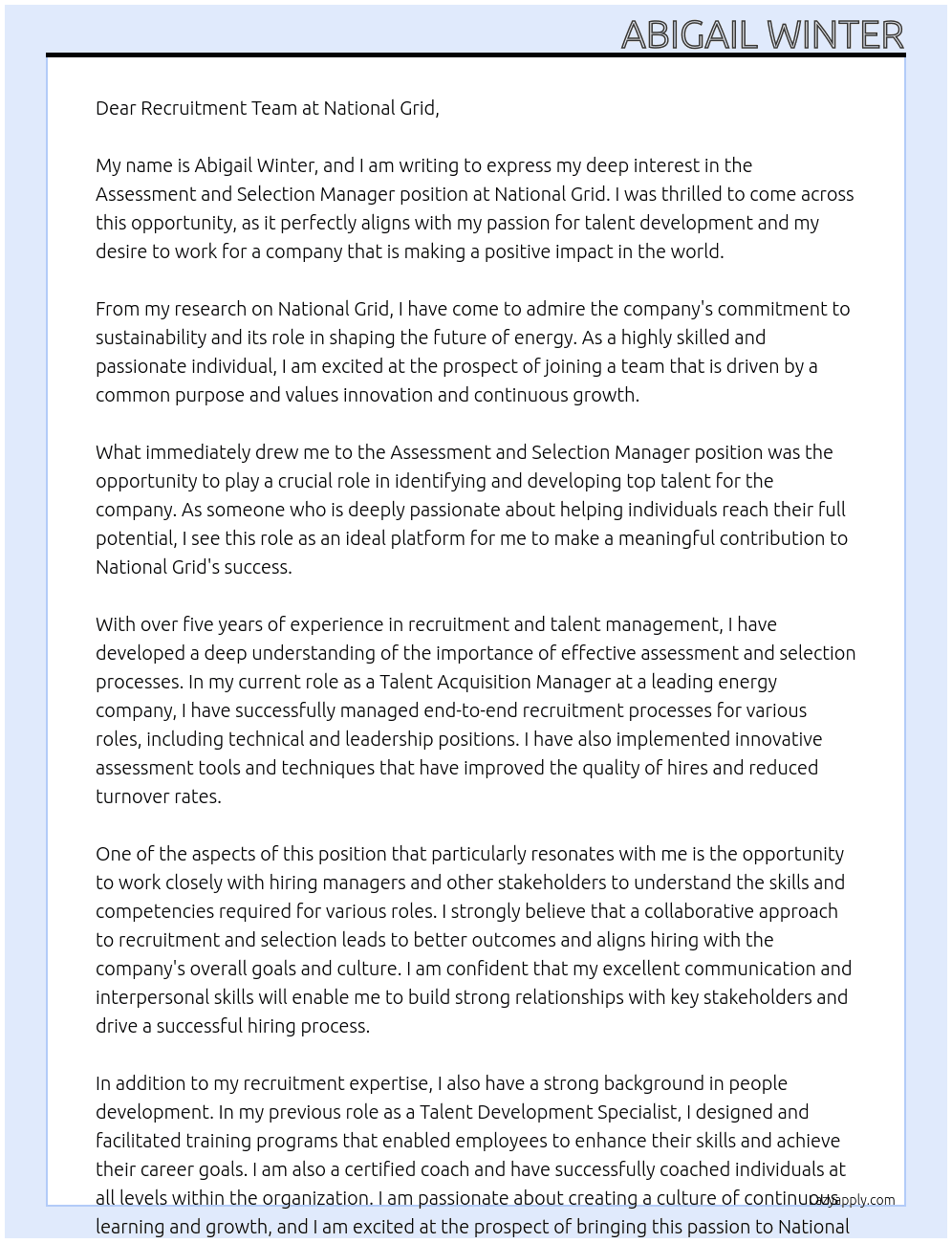 Assessment and Selection Manager At National Grid Cover Letter