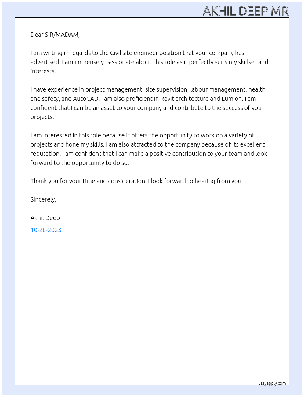 Civil site engineer At CONSRUCTION COMPANY Cover Letter