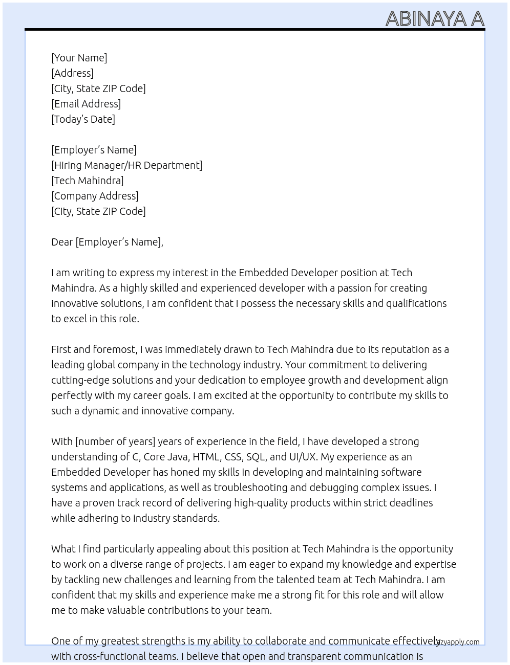 Embedded developer  At Tech Mahindra  Cover Letter