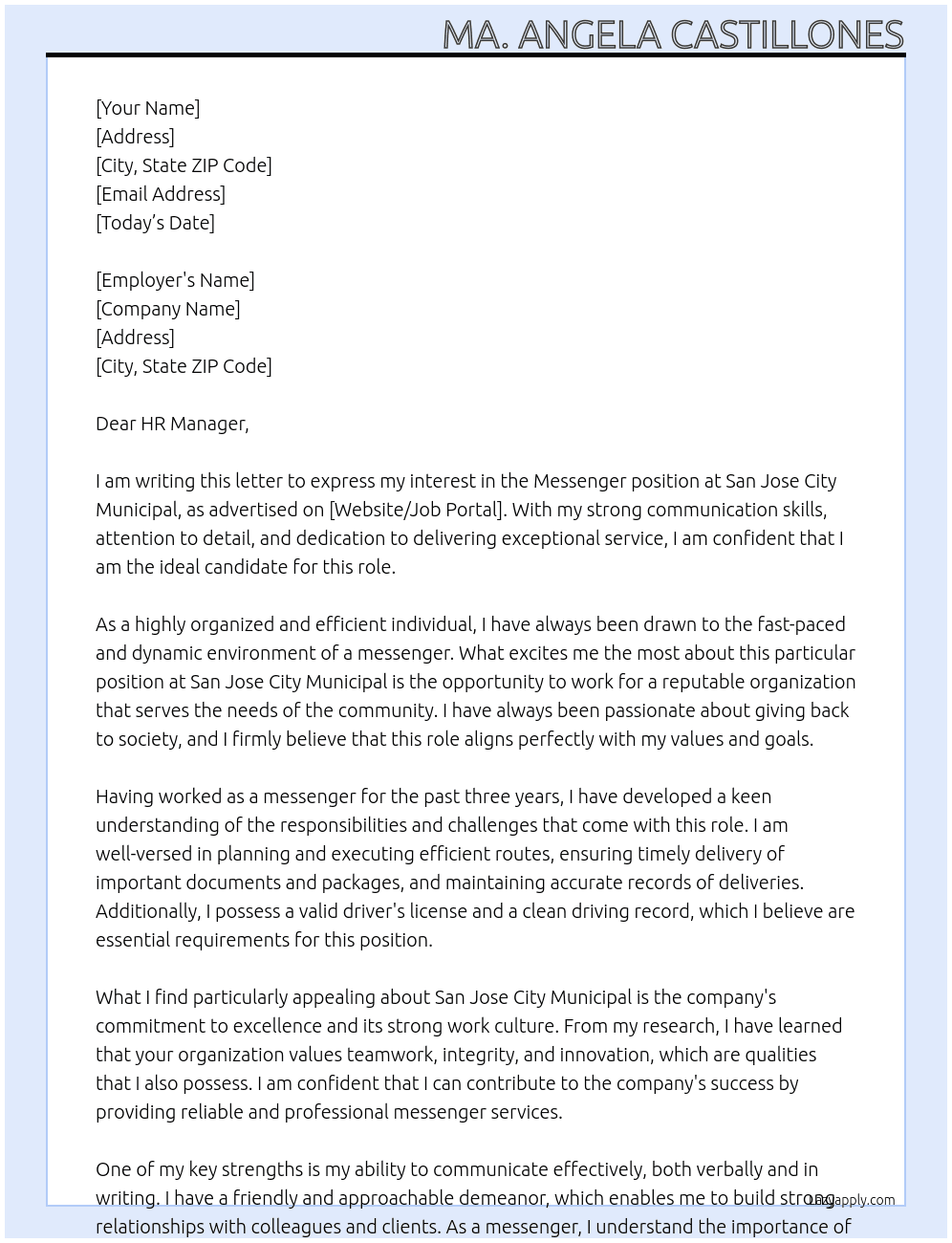 Messenger  At San Jose City Municipal  Cover Letter