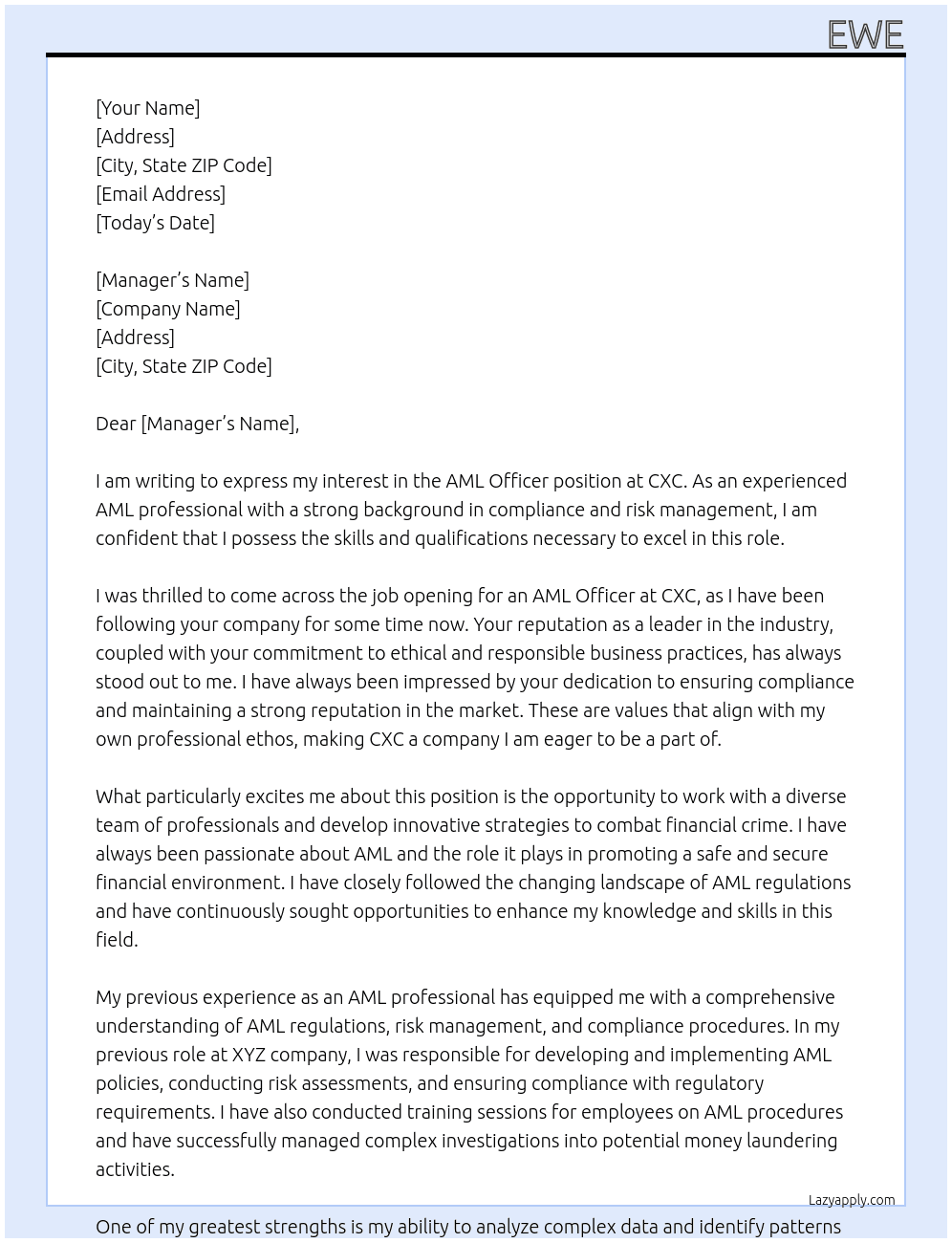 AML Officer At cxc Cover Letter