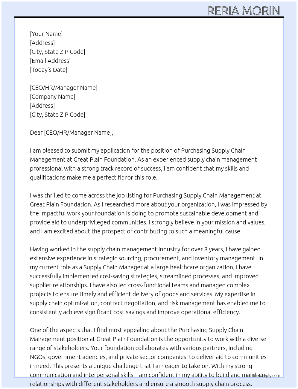 PURCHASING SUPPLY CHAIN MANAGEMENT At GREAT PLAIN FOUNDATION Cover Letter