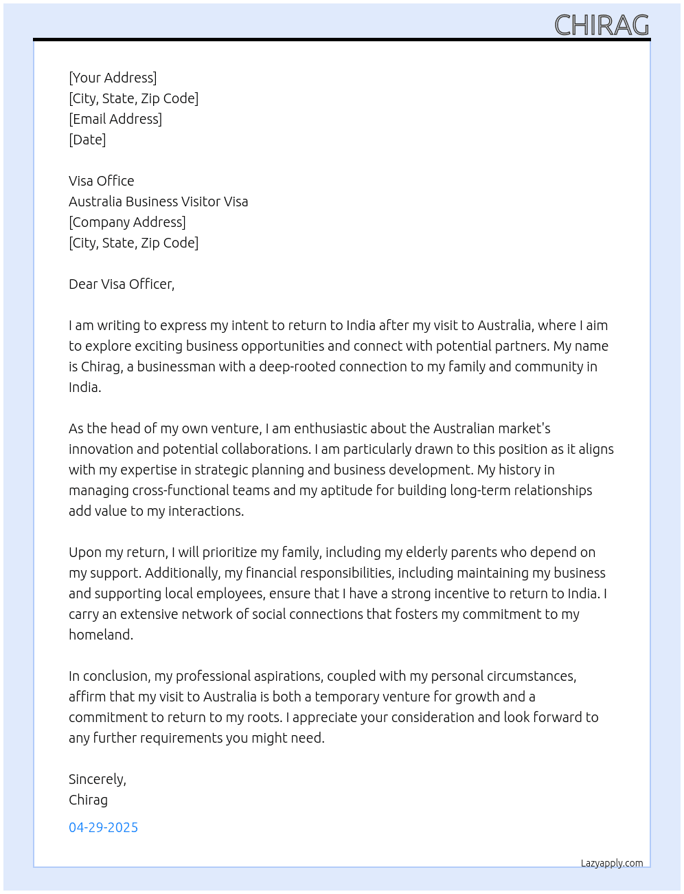 Business man At Australia business visitor visa  Cover Letter
