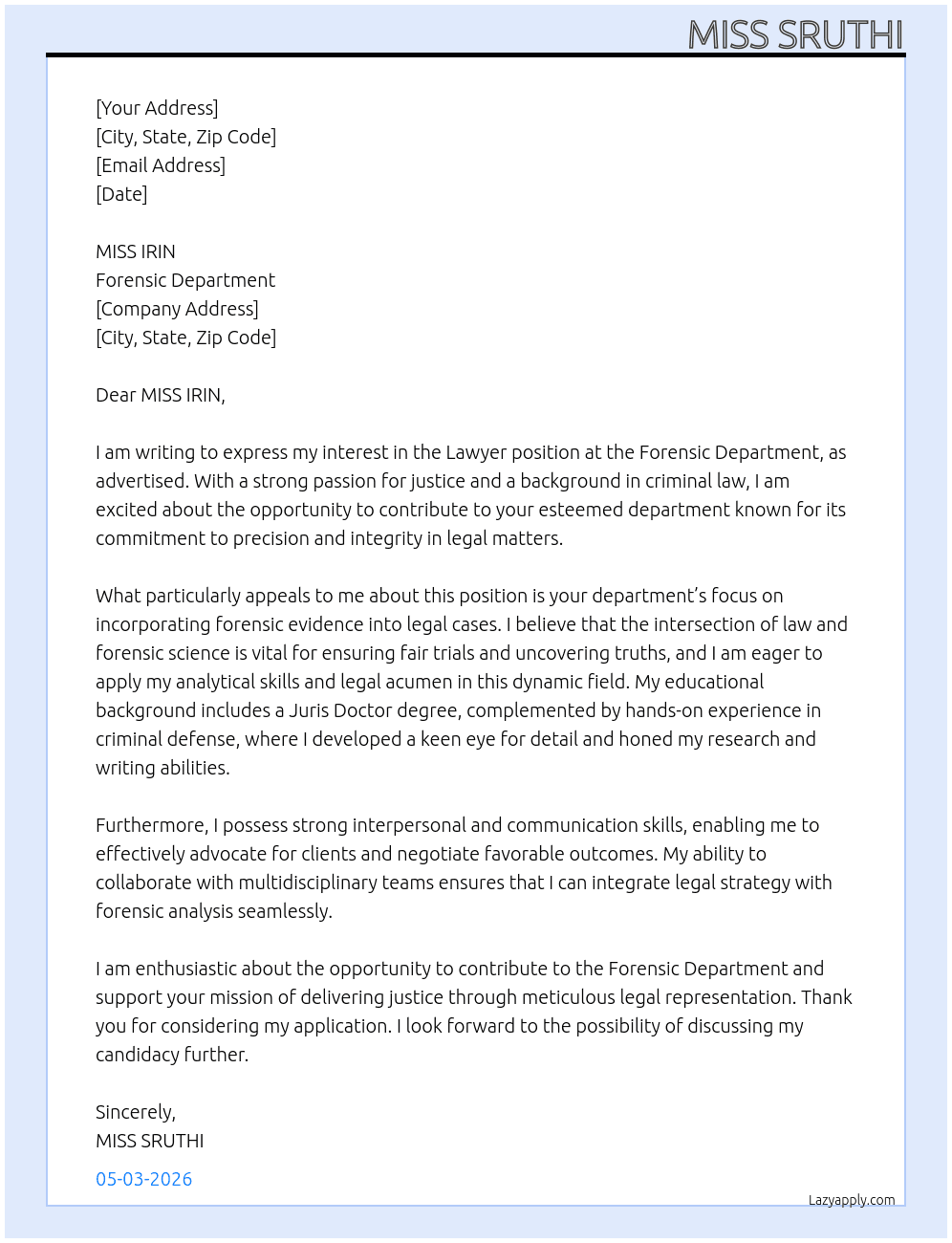 LAWYER At FORENSIC DEPARTMENT Cover Letter