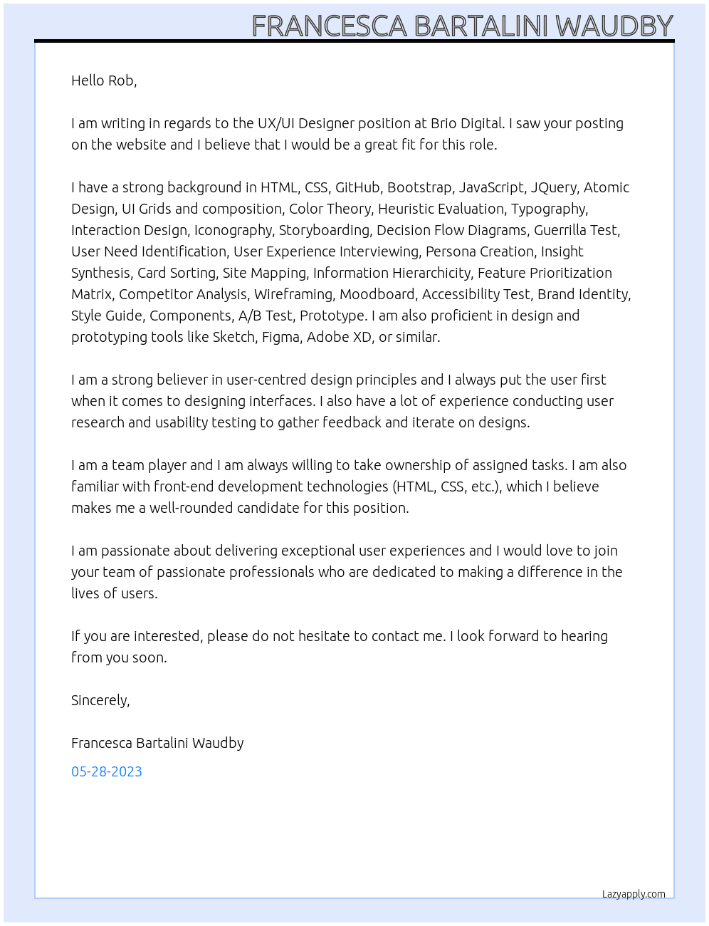 Ux Ui Designer At Brio Digital Cover Letter