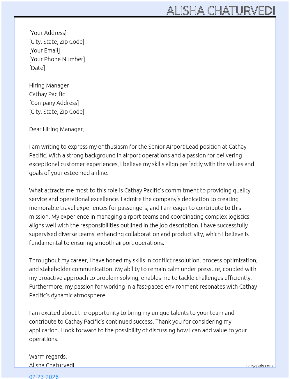 Senior Airport Lead At Cathay Pacific Cover Letter
