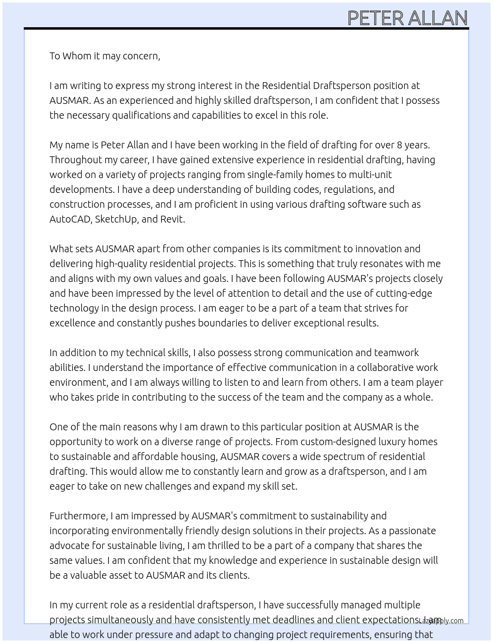 Residential Draftsperson At AUSMAR Cover Letter