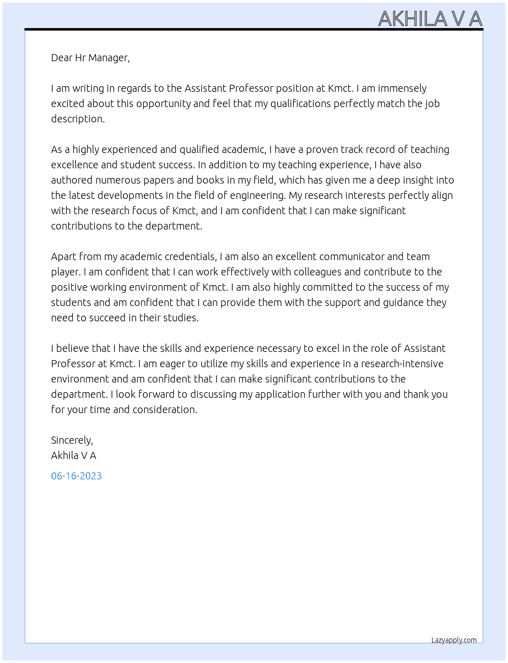Assistant professor At Kmct  Cover Letter