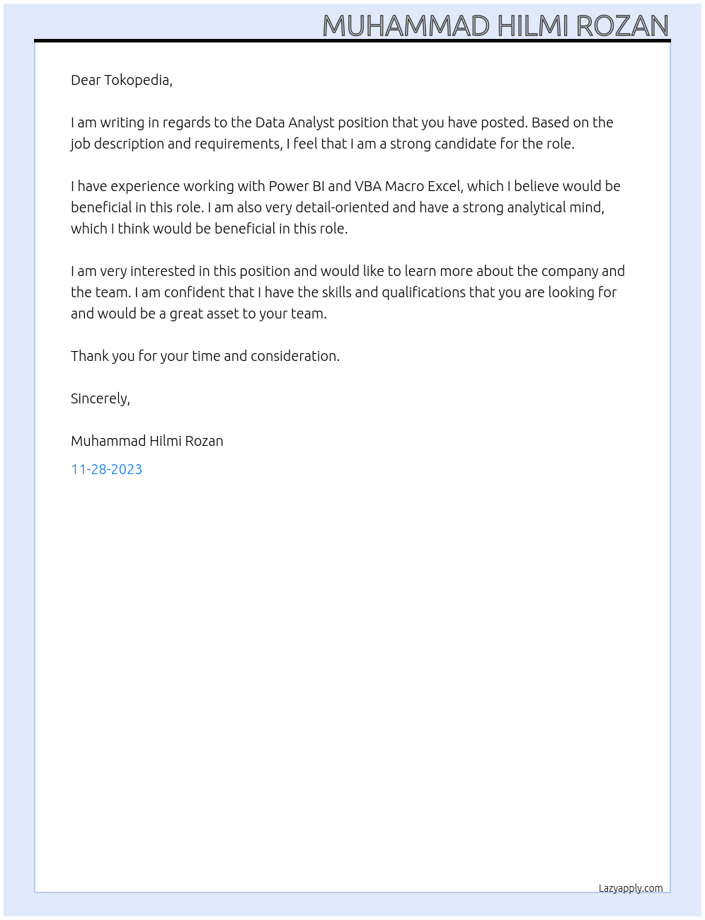 Data Analyst At Tokopedia Cover Letter