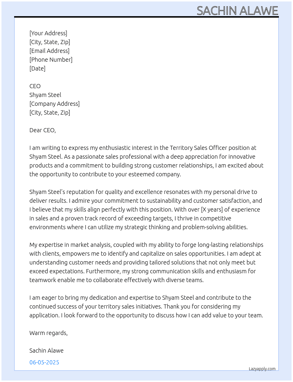 territory sales officer At shyam steel Cover Letter