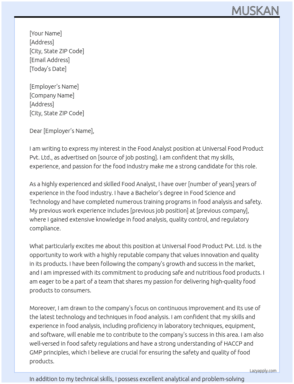 Food Analyst At Universal Food Product Pvt. Ltd. Cover Letter