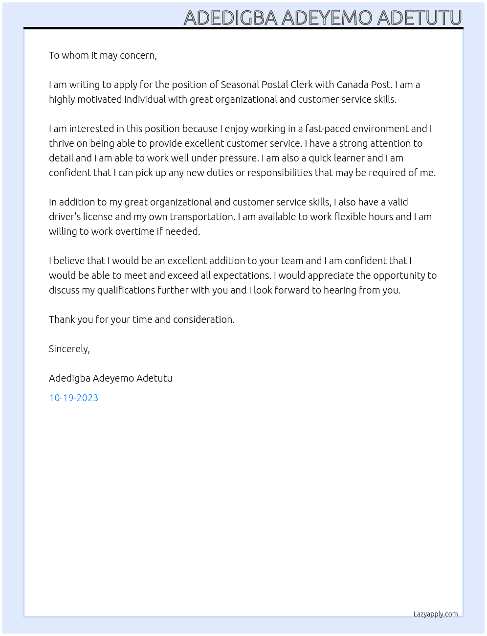 Seasonal Postal Clerk  At Canada Post Cover Letter