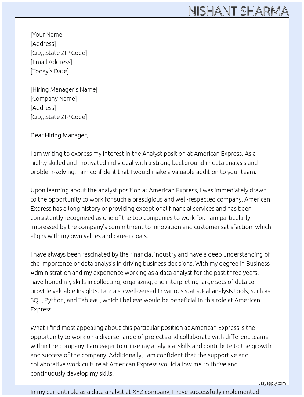 analyst At American Express Cover Letter