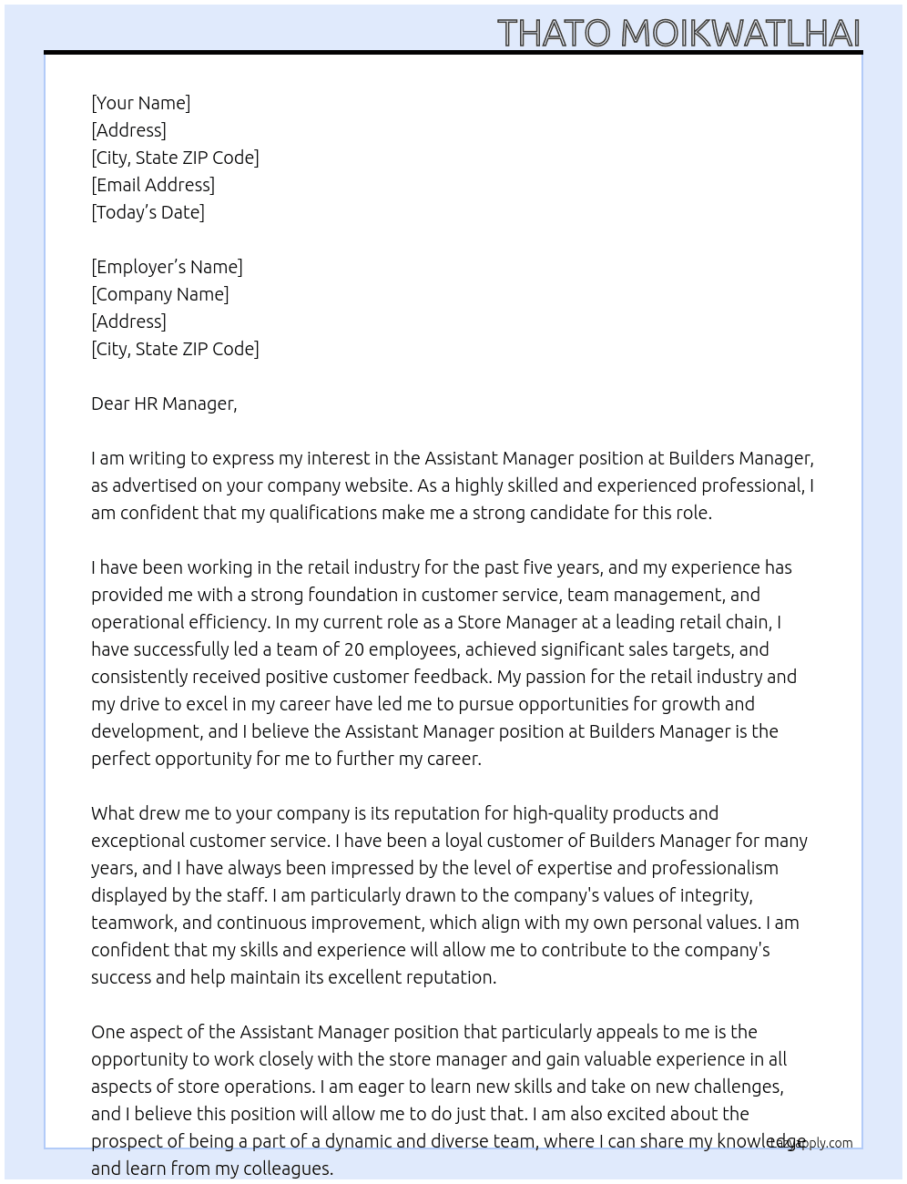 Assistant Manager  At Builders Manager  Cover Letter
