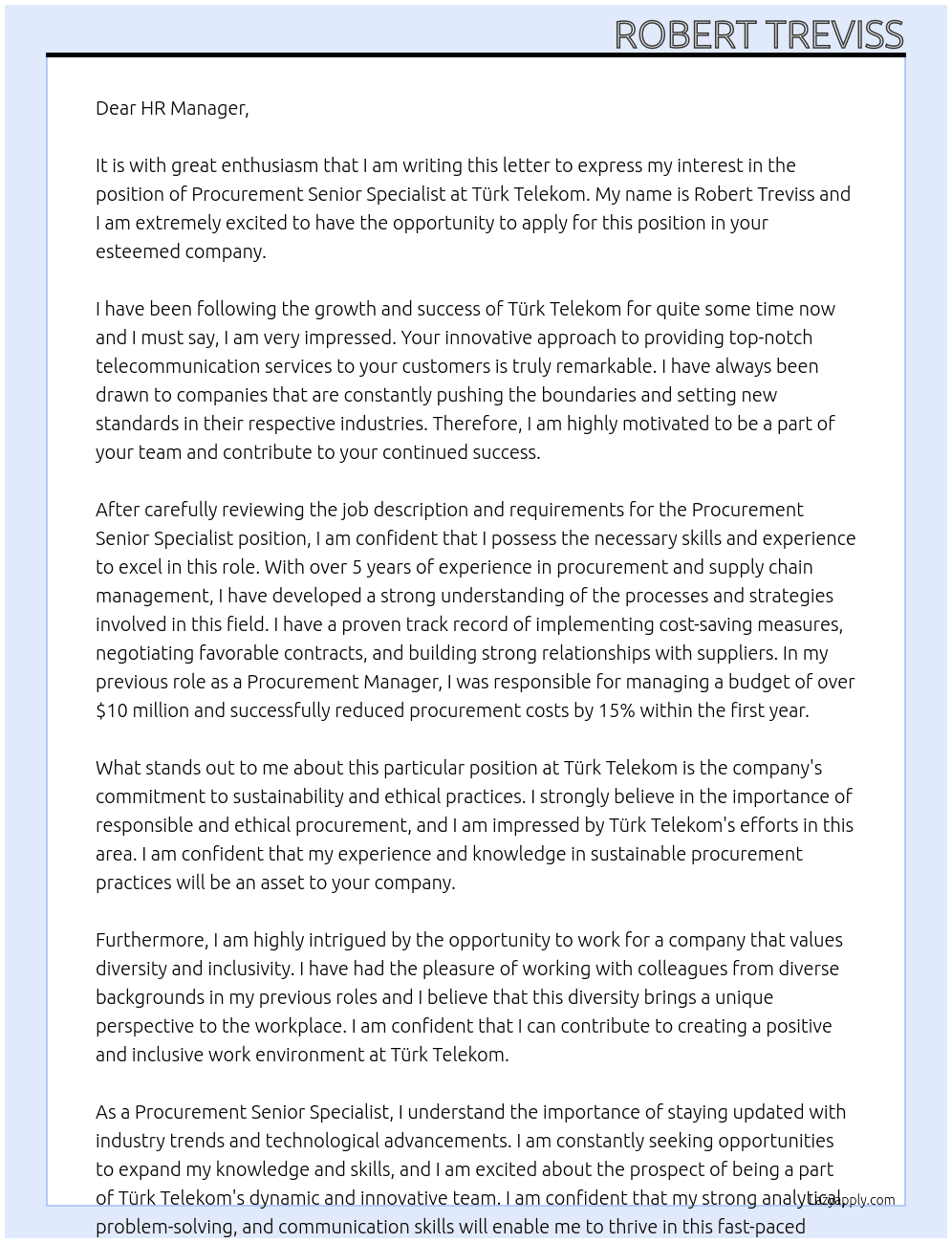 Procurement Senior Specialist At Türk Telekom Cover Letter