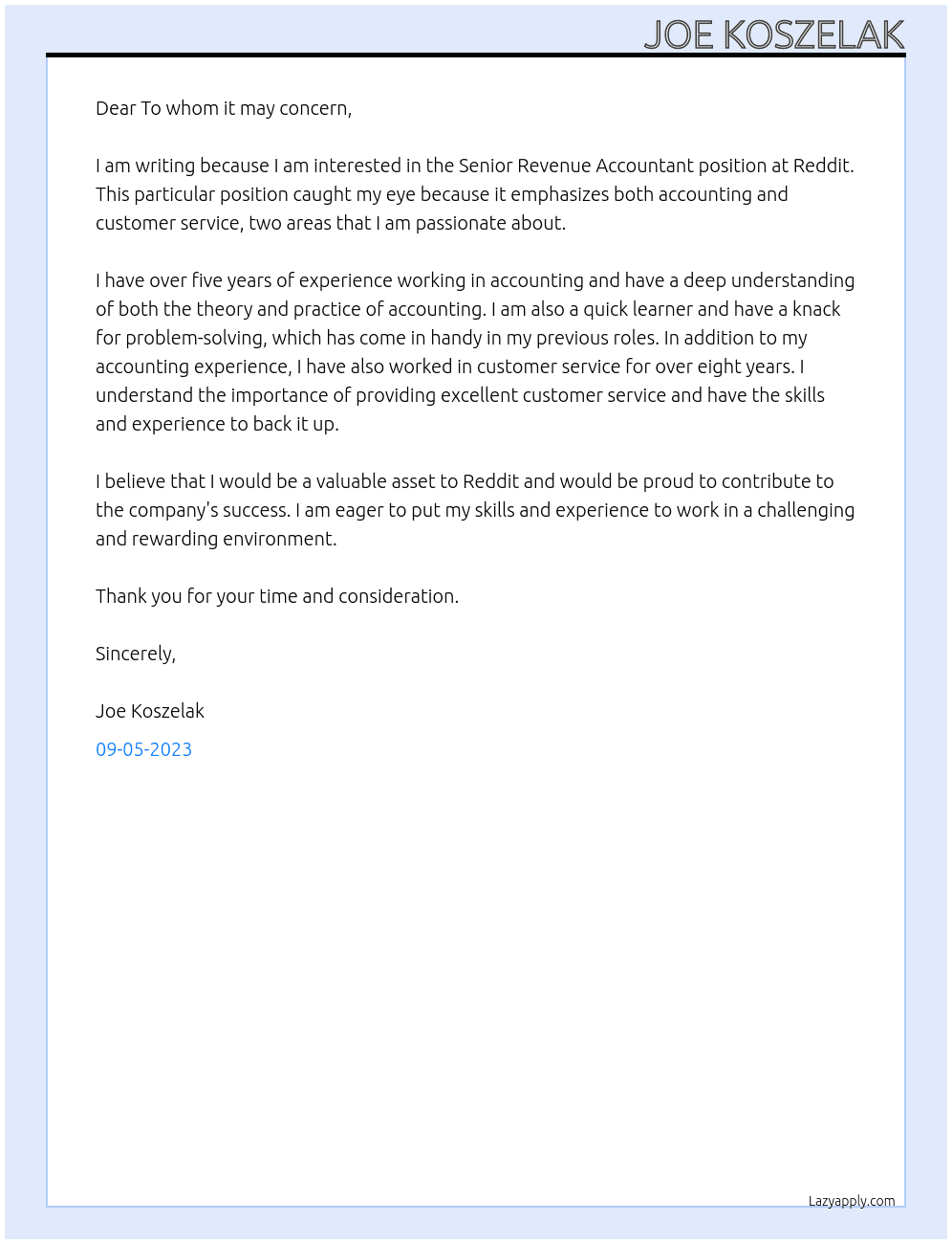 Senior Revenue Accountant At Reddit Cover Letter