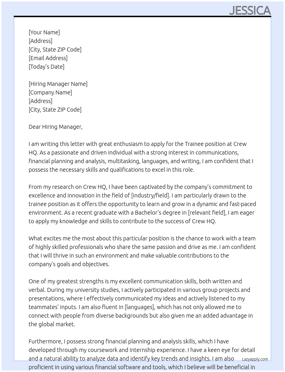 Trainee At Crew HQ Cover Letter