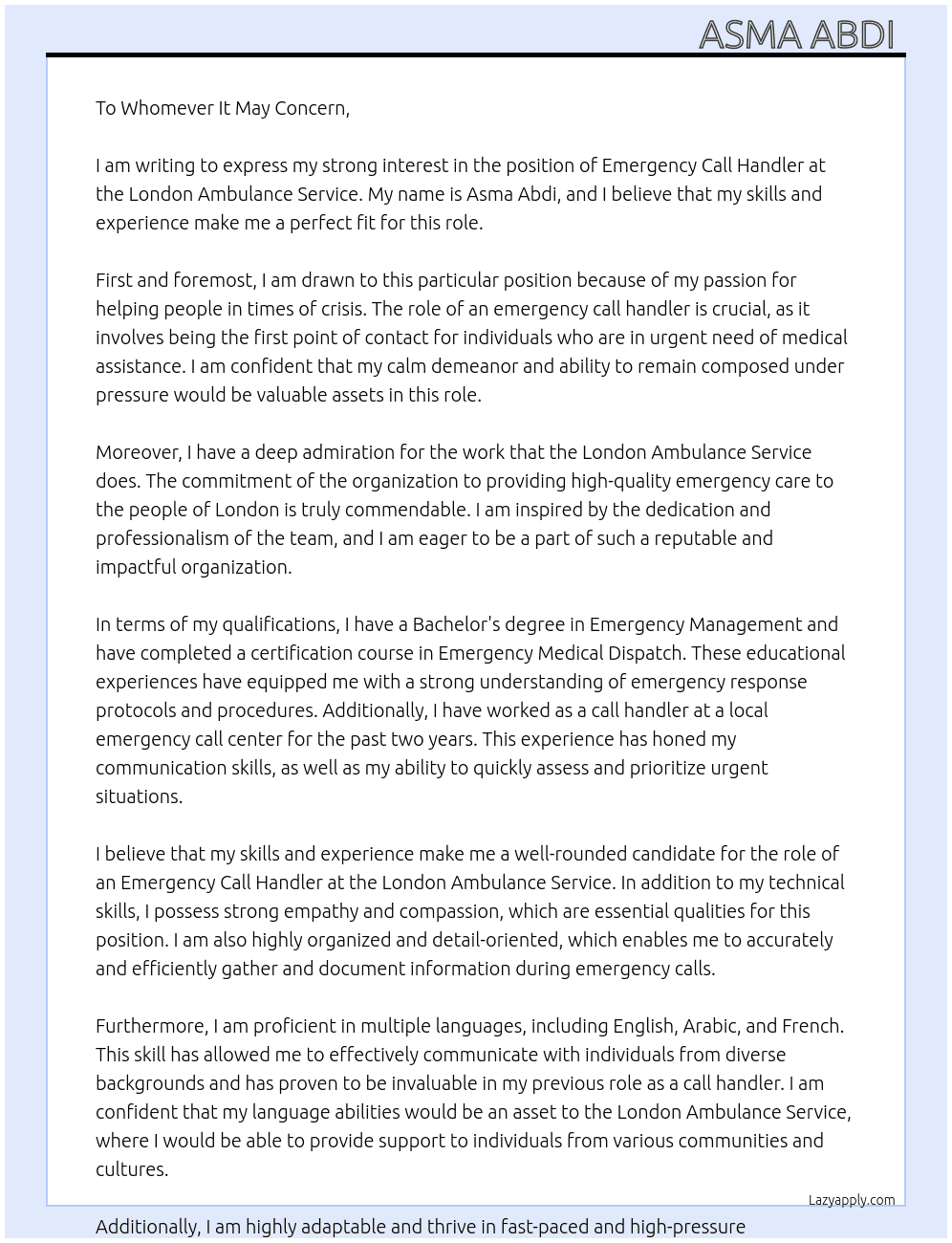 Emergency Call Handler At London ambulance service  Cover Letter